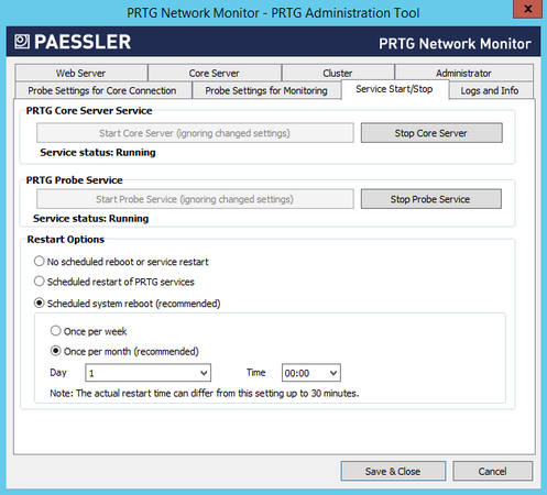 PRTG Administration Tool: Start and Stop Service